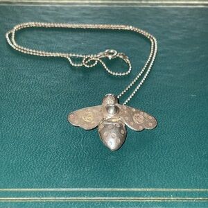 Sterling Silver 925 Hand Stamped Bee Pendant on 18 in Silver Chain C Clasp